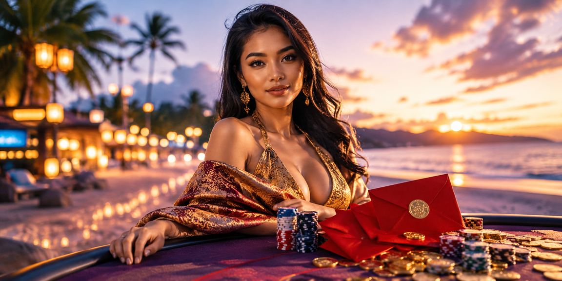 Amplop merah bertema bonus di pantai tropis dengan nuansa ceria dan hangat