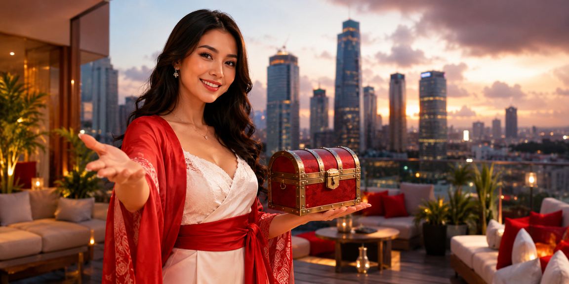 Wanita berpakaian elegan di meja kasino dengan tampilan layar permainan