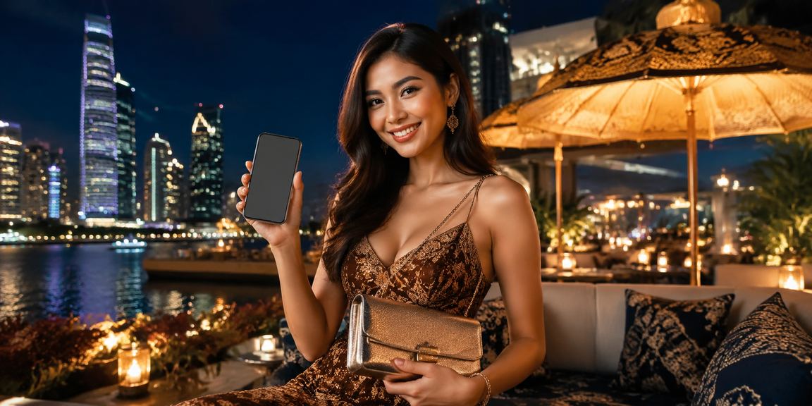 Suasana festival hiburan dengan pengguna memainkan kasino mobile di tengah keramaian